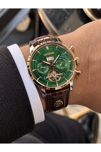 Raymond Rym-4123 Automatic Men's Watch - 2 Years Warranty - Green Dial - Brow...