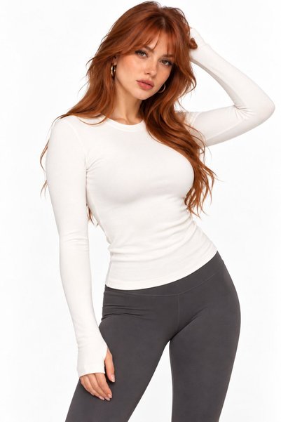 Saade Ecru Women's Crew Neck Finger-Loop Long Sleeve Body/Blouse