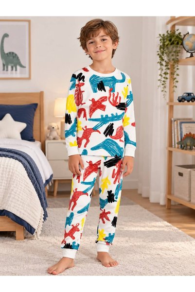 elmas kids Boy's White Colored Animal Patterned Camel-elephant-crocodile Long...