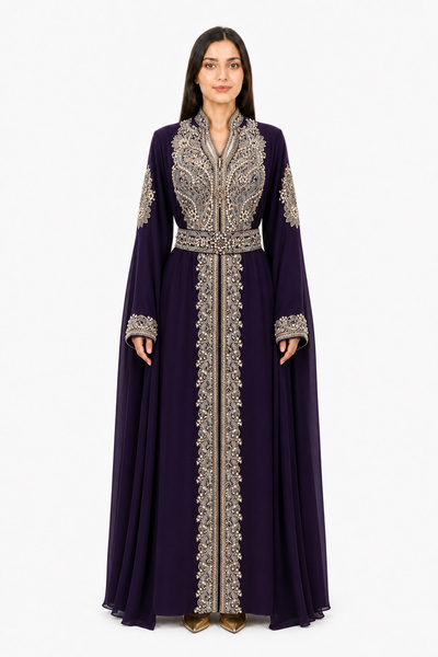 MOHAMED ZAHABI Women's Long Caftan with Shiny Stones and Pearl Work