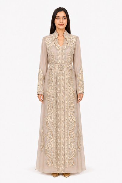 MOHAMED ZAHABI Women's Long Caftan with Embroidery Two Piece Set