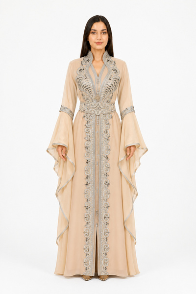 MOHAMED ZAHABI Women's Long Caftan with Embroidery and Shiny Stone Work and B...