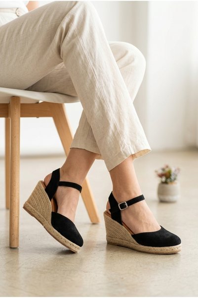MERVESTORE Women's Suede Straw Wedge Heeled Closed Toe Espadrille Sandals