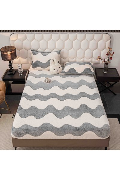 OEM Husă de pat cu elastic, cocolino, 230x250 cm, 2 fețe de pernă, valuri