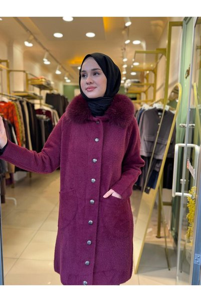 Nuss 7011 Yakası Kürklü Angora Kaban Bordo