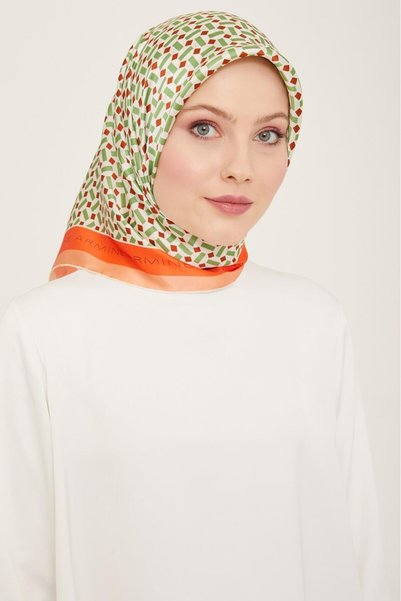 Armine Green - Brown Geometric Pattern Sura Silk Scarf 9151 - 34