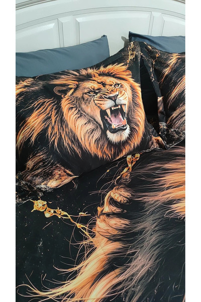 AYBERK HOME TEXTİLE Aslan 5D Printed Cotton Double Duvet Cover Set with 6 Pieces of Fitted Sheets