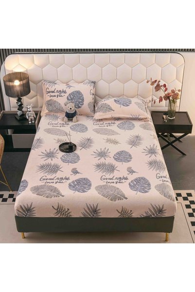 OEM Husă de pat cu elastic, cocolino, 230x250 cm, 2 fețe de pernă, frunze