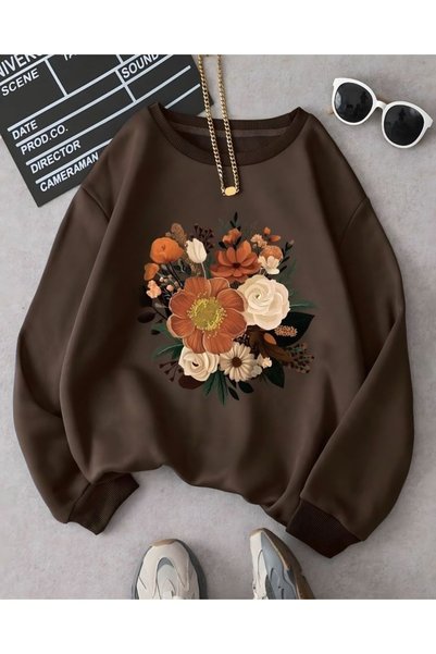 Vordevia Floral Printed Cotton 3 Thread Threaded Crew Neck Oversize Sweatshirt