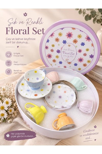 Genel Markalar Çiçek desenli 6 farklı renkli soft kahve fincan takımı floral set