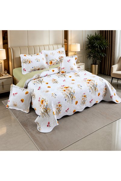 OEM 100% Cotton blanket, white with orange flowers, 5 pieces, 230x250 cm, CB543