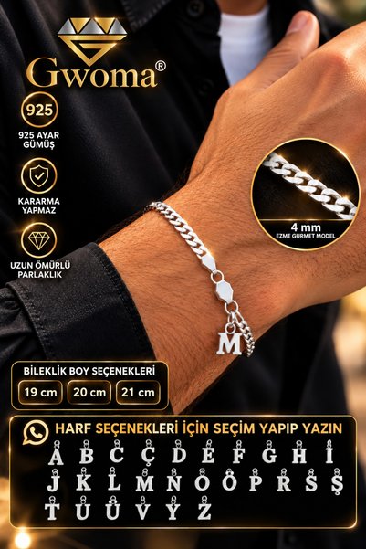 GWOMA Erkek Gümüş Harf Hediye Bileklik - 4mm Ezme Gurmet Italy Harfli Sevgili...
