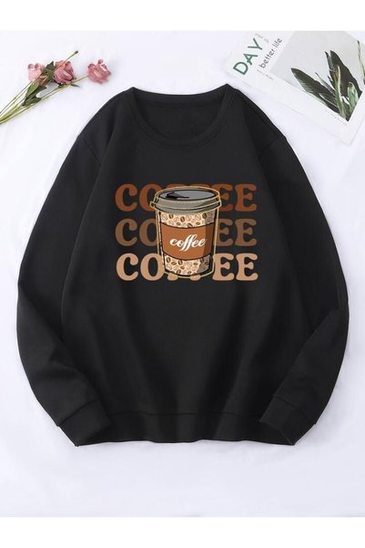 Vordevia Coffee Printed Cotton 3 Thread Threaded Crew Neck Oversize Sweatshirt
