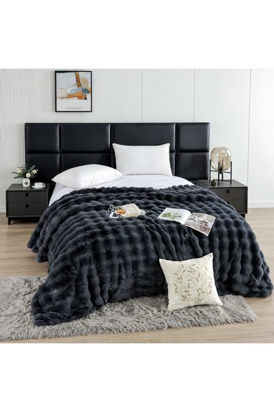 OEM Одеяло от изкуствена заешка кожа, с цип, 200x230 см, графитено сиво, PIF05