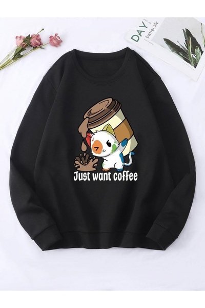 Vordevia Just Want Coffee Printed Cotton 3 Thread Threaded Crew Neck Oversize...