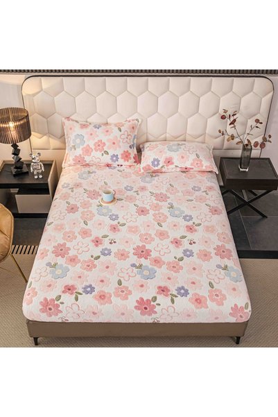 OEM Husă de pat cu elastic, cocolino, 230x250 cm, 2 fețe de pernă, flori în r...