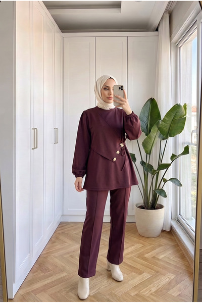 Kirazca Butik Women's Scuba Fabric Stone Button Stylish Two-Piece Set