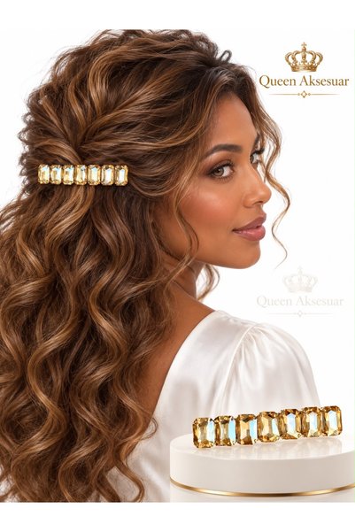 QUEEN AKSESUAR Luxurious Shiny Crystal Stone Gold Metal Automatic Clip Hairpin Rectangular Cut Shiny Golden Yellow Hairpin
