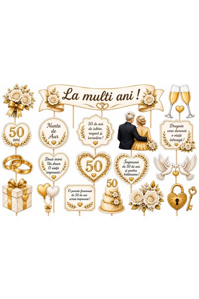 DecoParty Set de decorațiuni pentru tort – Tematică Aniversare de Nuntă Aurie...