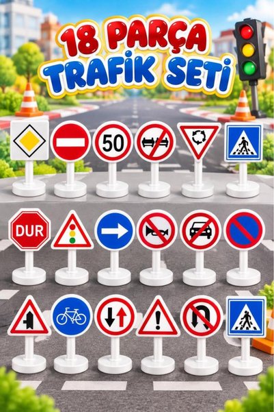 Tıfıl Toys 18 Pieces Educational Traffic Signs Set for Kids 12.5cm Traffic Ed...