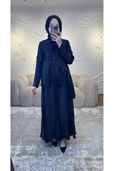 Ceremony Front Buttoned Satin Dress Navy Blue