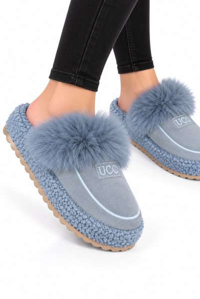Jagulep Women's Warm Feather Detailed Plush House Slippers Gray