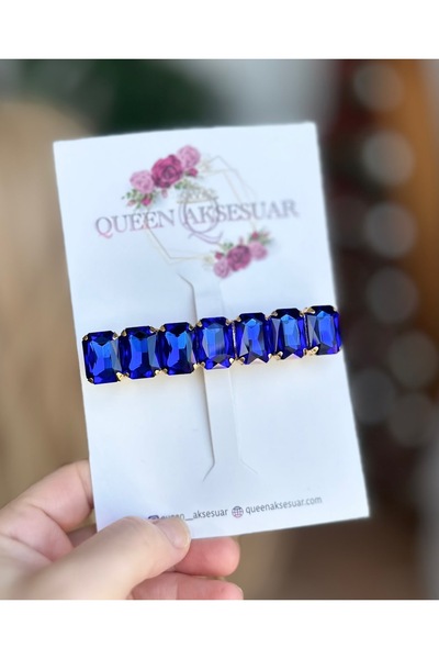 QUEEN AKSESUAR Luxurious Shiny Crystal Stone Gold Gold Metal Automatic Clip Hairpin Rectangular Cut Shiny Saks Blue Clasp