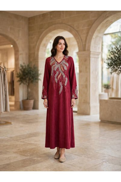 IKKXA Women's Feather Motif Beaded Suede Winter Wear Jalabiya