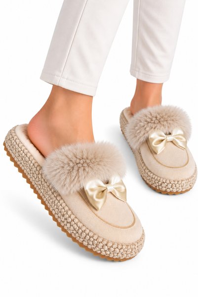 Jagulep Women's Warm Ribbon Detailed Plush House Slippers Cream