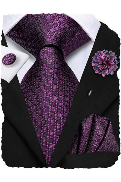 Hi-Tie Mens Tie Set Silk Striped Woven Necktie with Lapel Pin Pocket Square C...