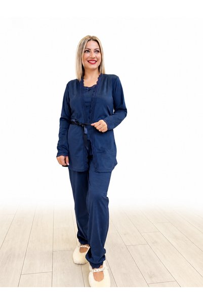 Esrabutik Women's Navy Blue Lace Soft Textured Dressing Gown Pajama Set 3 Pieces