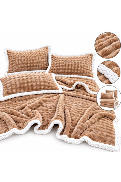 Generic Brand Set Pătură Pufoasă Dublă cu 2 Fețe de Pernă, Bej Camel cu Margi...