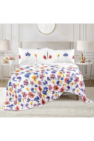 Sandy Premium Quality Flat Sheet and Pillowcases, Bed Sheet 3 Pieces Set (King 250 x 260 cm), Soft & Breathable and Cooling, White Blue 959