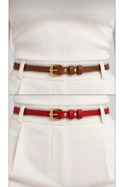 kemer krallığı Women's 2-Piece Thin Belt Set with Gold Buckle Brown & Red