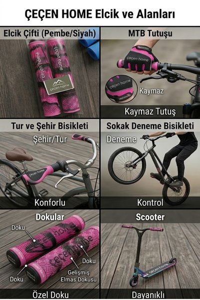 ÇEÇEN HOME Bisiklet Ve Scooter Elciği Çifti Pembe Siyah Kaymaz Kauçuk Ergonom...
