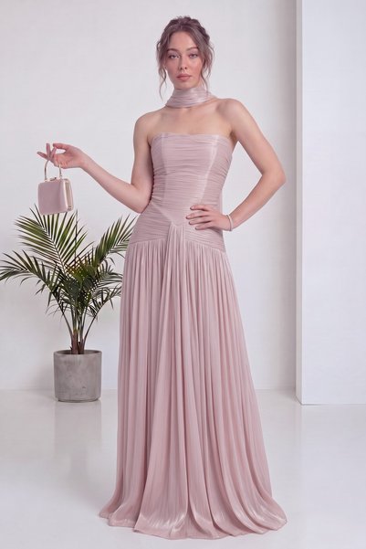 zks grup tekstil Women's Strapless Shawl Detailed Draped A-Line Maxi Length E...