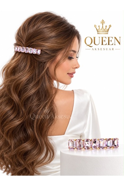 QUEEN AKSESUAR Luxurious Shiny Crystal Stone Gold Gold Metal Automatic Clip Hairpin Rectangular Cut Pink Hairpin