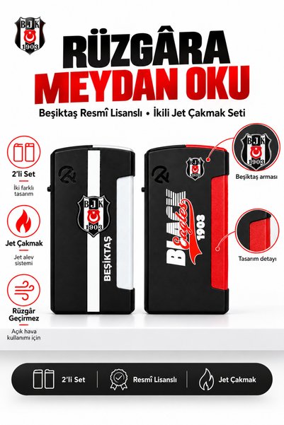 Beşiktaş Lisanslı 2'li Metal Jet Çakmak Seti Rüzgar Geçirmez Doldurulabilir P...
