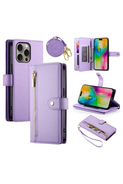 XGSM Husă flip pentru iPhone 16 Pro Max, cu buzunar cu fermoar tip portofel, mov