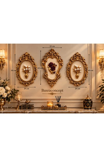 busraconcept 3’lü Gold Çiçekli Duvar Tablosu Seti Çerçeveli Kabartmalı Gül ve...