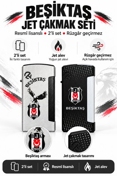 Beşiktaş Lisanslı 2'li Metal Jet Çakmak Seti Rüzgar Geçirmez Doldurulabilir P...