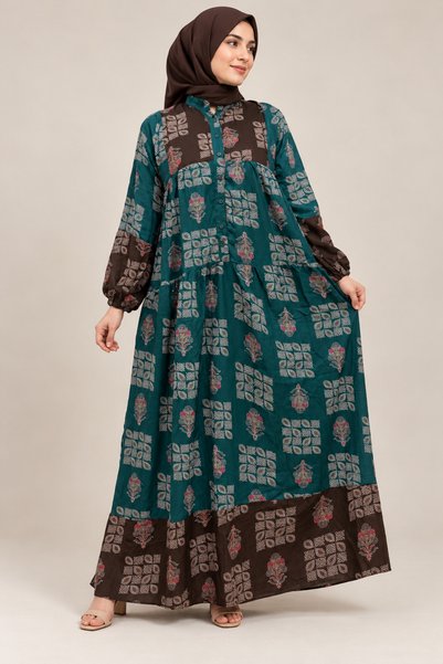 AAZNI Green and Brown Maxi Dress with pocket