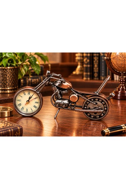 hediyeconcepti Antique Copper Colored Decorative Motorcycle Table Clock Nosta...