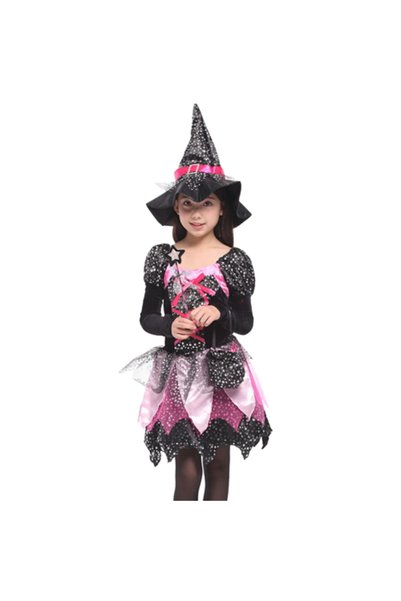 NOT OEM Set costum vrăjitoare roz pentru fete cu accesorii, 8-10 ani, 130-140 cm