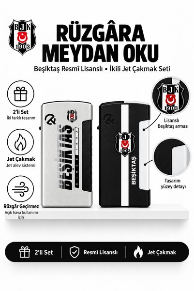 Beşiktaş Lisanslı 2'li Metal Jet Çakmak Seti Rüzgar Geçirmez Doldurulabilir P...