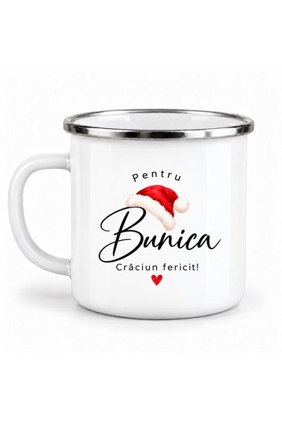 OEM Cană emailată, Pentru bunica - Căciulă de Moș Crăciun, metal emailat, alb...