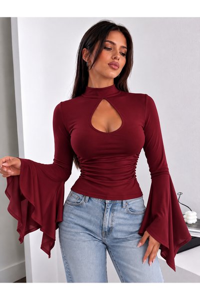 meren like your style Bordo rengi, zarif damla yaka detayı, belden büzgülü ke...