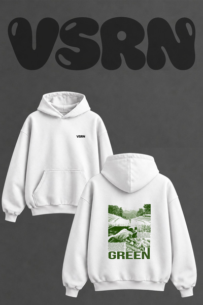 VSRN Green Nature Design Back Printed Oversize White Hooded Sweatshirt