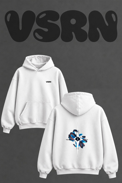 VSRN Goz Pence Star Design Back Printed Oversize White Hooded Sweatshirt