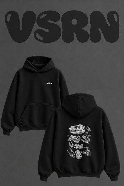 VSRN Dinosaur Skull Design Back Printed Oversize Black Hooded Sweatshirt